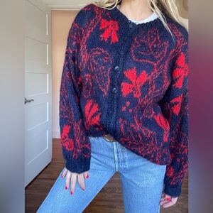 Navy & Red Floral Knit Button-Up Cardigan Sweater